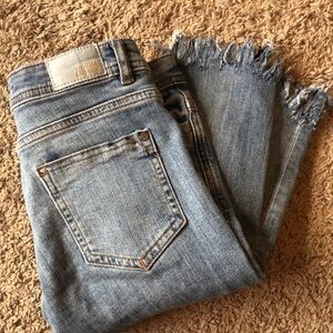 Zara Light Wash Skinny Frayed Hems Silver Rhinestone Crystal Bling Jeans